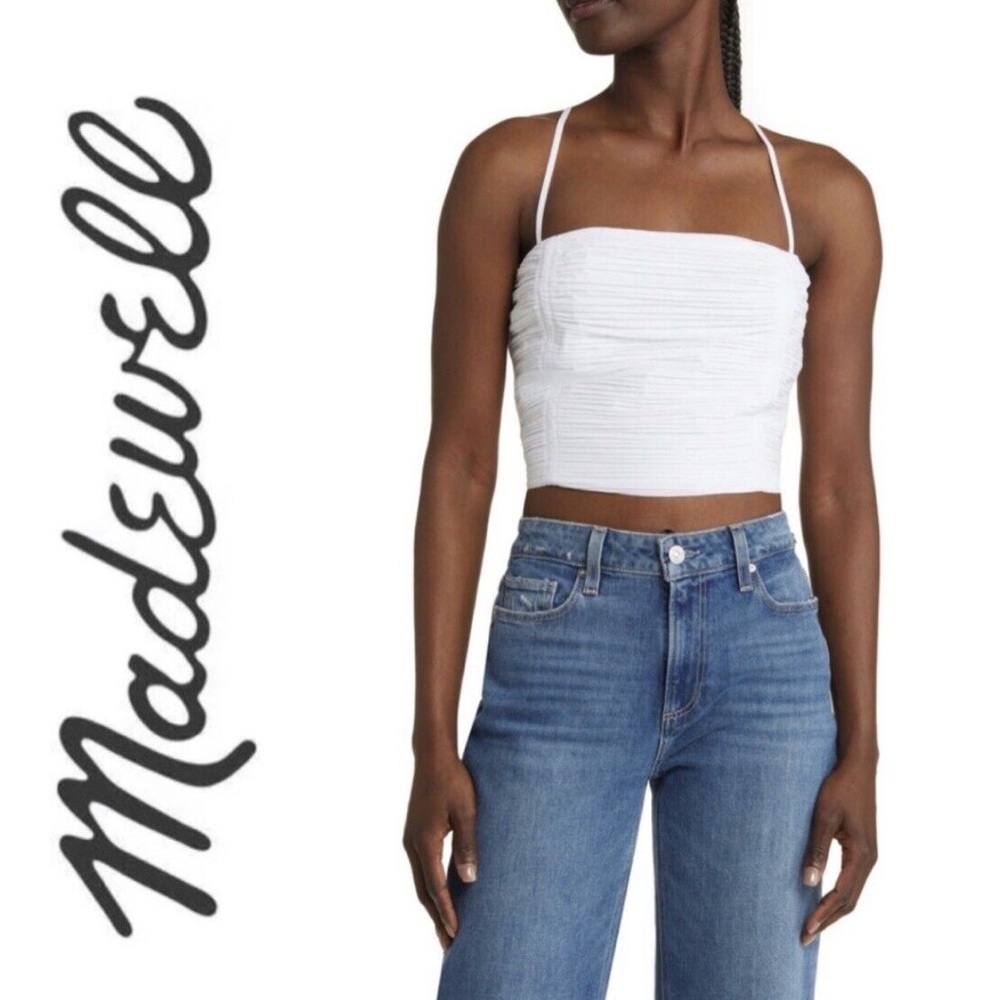 NWT Madewell women’s 4 Wendy Pleated Cotton Poplin Crop Top White Cross Strap